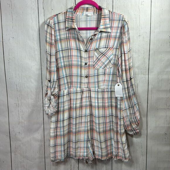 Coco + Jaimeson Plaid Long Sleeve Button Front Romper Multicolor Check Size L - Picture 2 of 16